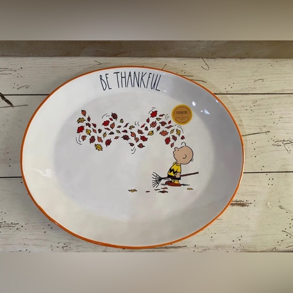 Rae Dunn Peanuts 'Be Thankful' Oval serving Platter - White and Orange Brand New - Picture 1 of 7